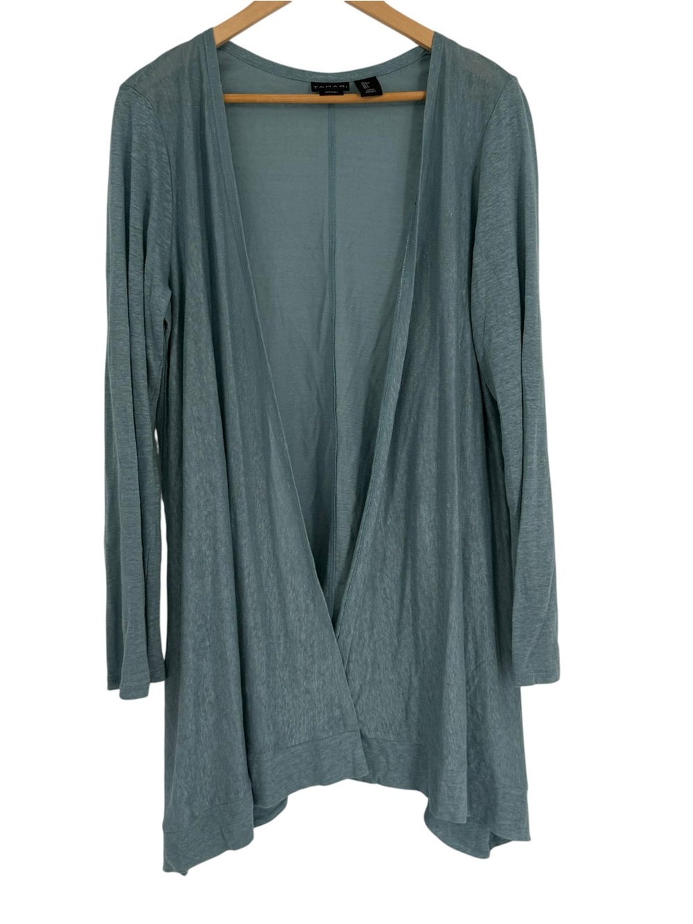 Tahari Linen Open Front Cardigan Sweater Womens Size L Green Coastal Beach